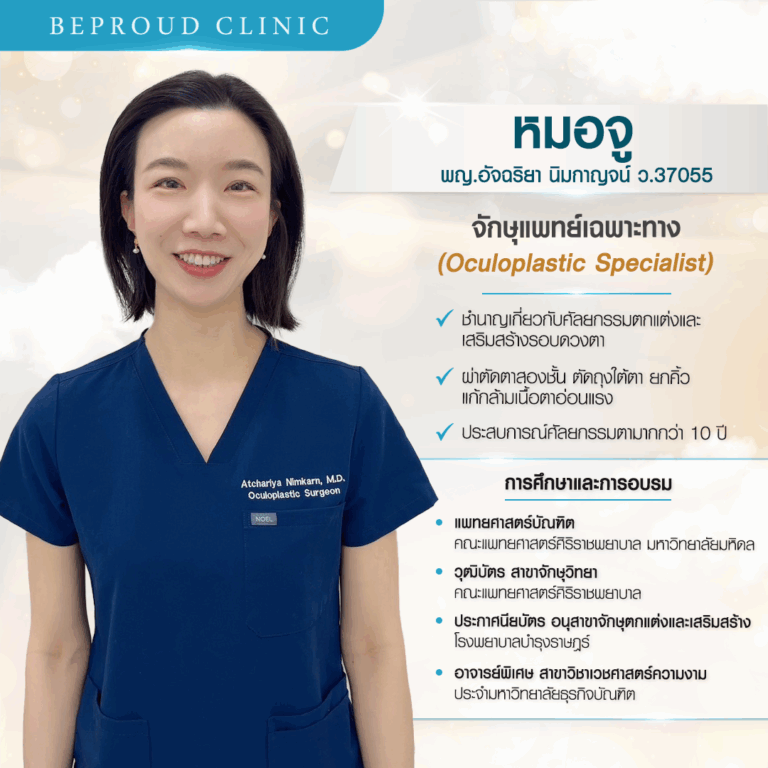 บีพราวด์ คลินิก (Beproud Clinic) ประวัติหมอจู พญ.อัจฉริยา นิมกาญจน์ จักษุแพทย์เฉพาะทาง ผู้เชี่ยวชาญด้านศัลยกรรมตกแต่งรอบดวงตา ตาสองชั้น ที่บีพราวด์คลินิก