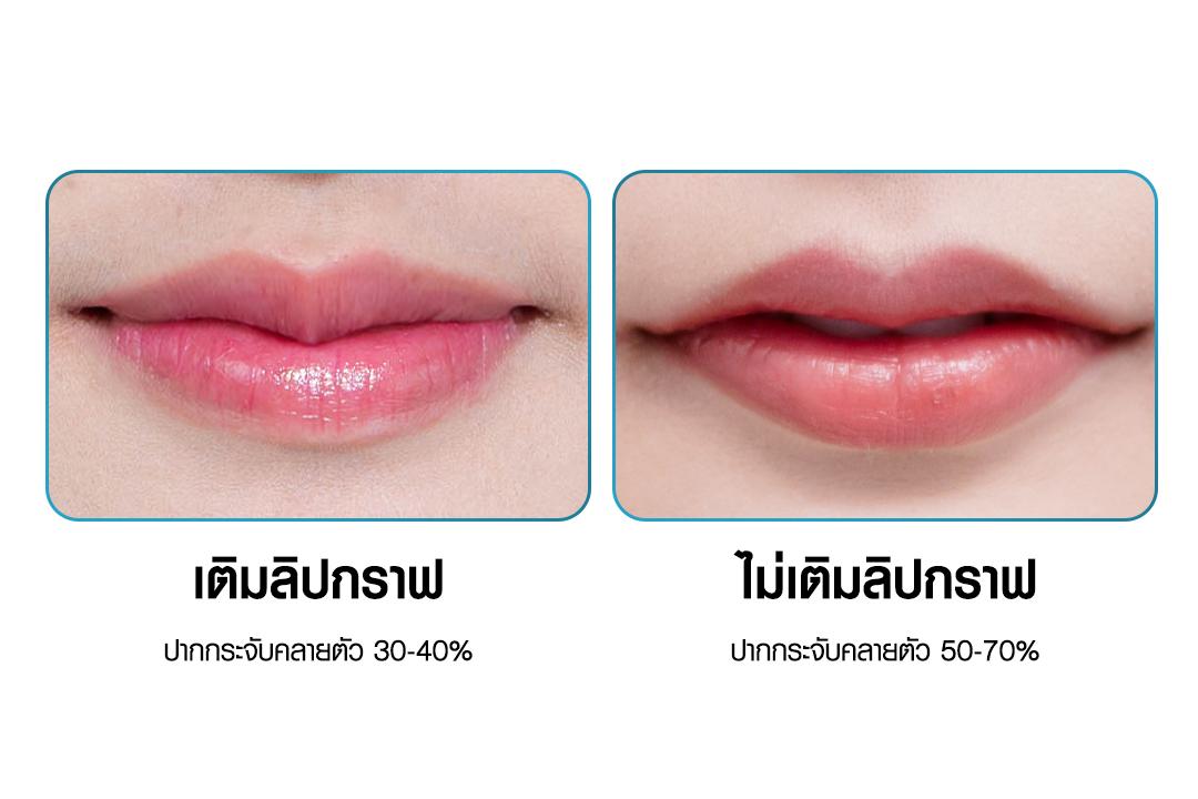 ภาพเปรียบเทียบผลลัพธ์ปากกระจับ ระหว่างเทคนิค "เติมลิปกราฟ" ที่ทรงยังสวยคมชัด คลายตัวน้อย และเทคนิค "ไม่เติมลิปกราฟ" ที่ทรงปากแบนลงและคลายตัวมากกว่า