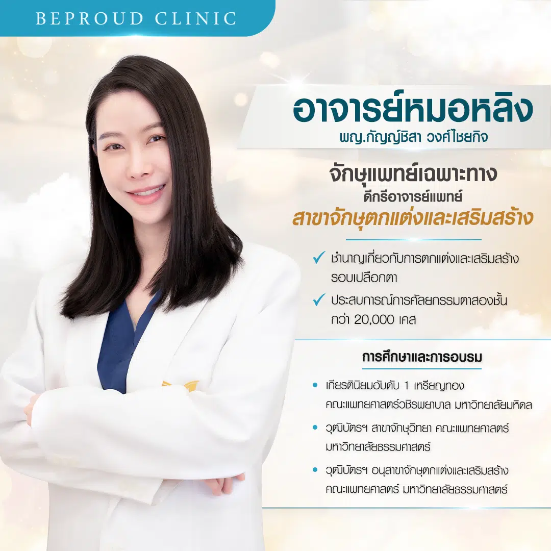 ประวัติหมอหลิง พญ.กัญญ์ชิสา วงศ์ไชยกิจ จักษุแพทย์เฉพาะทาง ผู้เชี่ยวชาญศัลยกรรมตกแต่งรอบดวงตา ตาสองชั้น บีพราวด์คลินิก