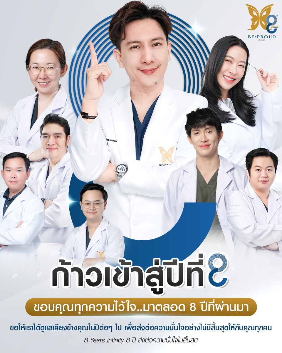 ภาพโปรโมตฉลองครบรอบ 8 ปี บีพราวด์คลินิก 'ก้าวเข้าสู่ปีที่ 8' แสดงภาพทีมแพทย์ผู้เชี่ยวชาญของคลินิก นำโดยหมออาร์ม เพื่อขอบคุณทุกความไว้วางใจ