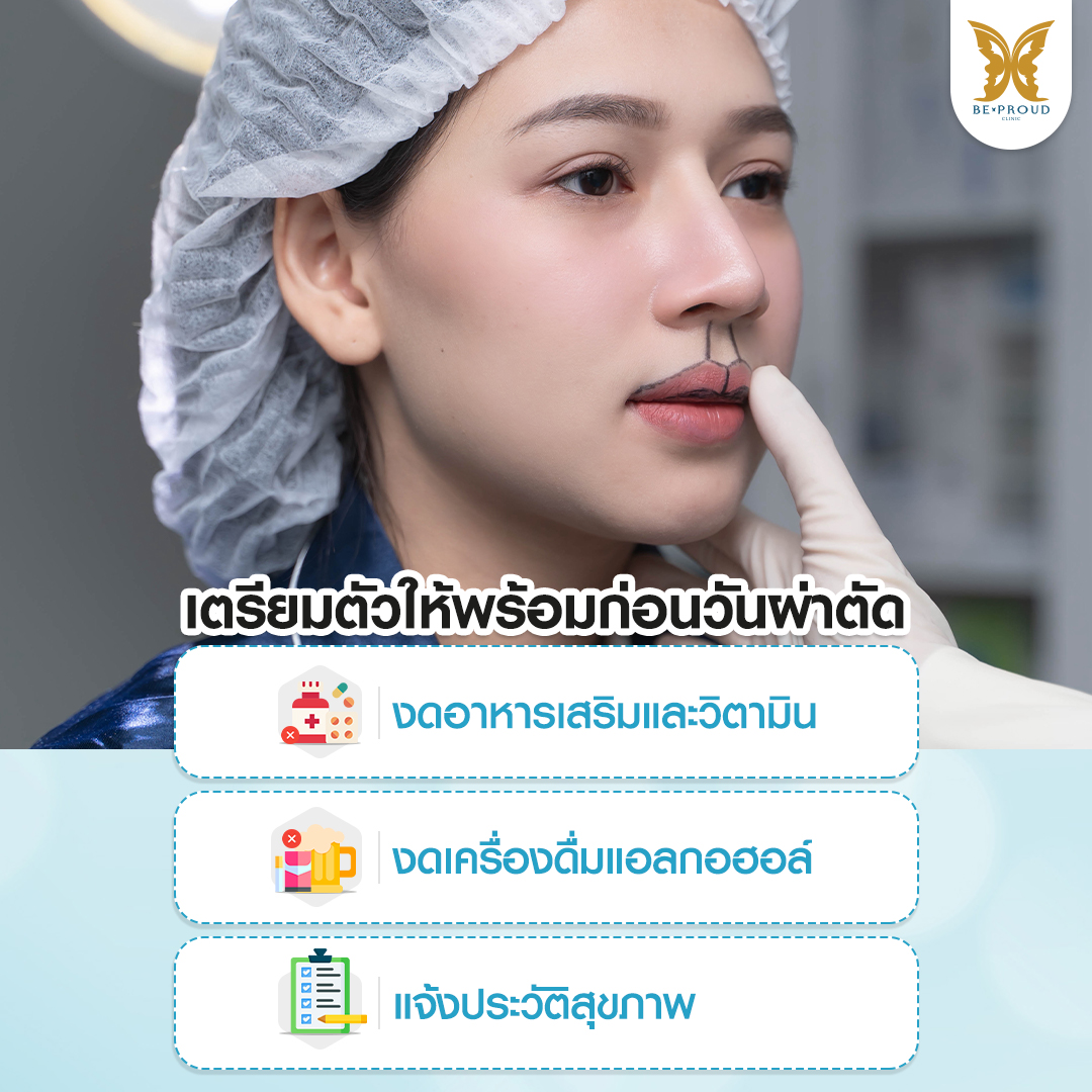 ภาพข้อควรรู้ก่อนทำปากกระจับ เป็นภาพเคสคนไข้ที่มีการวาดออกแบบทรงปากโดยทีมแพทย์ พร้อมเช็กลิสต์ 3 ข้อในการเตรียมตัวก่อนศัลยกรรมผ่าตัดปากกระจับ