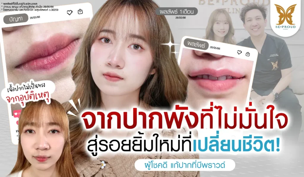รีวิวแก้ปากเคสอุบัติเหตุ คุณพอมแพม ผู้โชคดีแคมเปญ Reborn Angel Lip คืนรอยยิ้มเปลี่ยนชีวิต จากปากพังสู่ปากกระจับปีกนางฟ้า โดย หมออาร์ม บีพราวด์ คลินิก